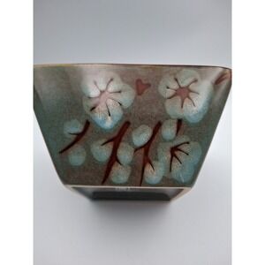 Pier 1 Tranquil 6" Square Soup Cereal Bowl Stonewear Teal Floral Brown Undertone